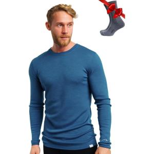 Merino.tech Merino Wool Base Layer – Mens 100% Merino Wool Long Sleeve Thermal Shirts Heavyweight, Midweight, Lite with Socks(250 Denim Blue)