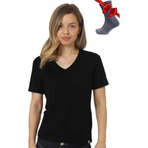 Merino.tech Merino Wool T Shirt Women – 100% Merino Wool Base Layer Women Short Sleeve Moisture-Wicking Tee and Hiking Socks(Black V-neck)