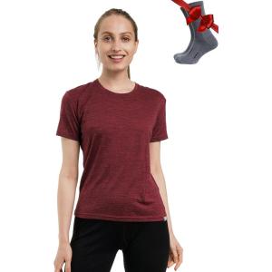 Merino.tech Merino Wool T Shirt Women – 100% Merino Wool Base Layer Women Short Sleeve Moisture-Wicking Tee and Hiking Socks(Burgundy Crewneck)