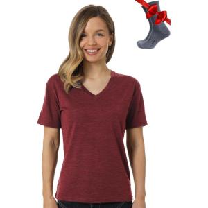 Merino.tech Merino Wool T Shirt Women – 100% Merino Wool Base Layer Women Short Sleeve Moisture-Wicking Tee and Hiking Socks(Burgundy V-neck)