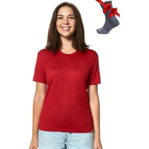 Merino.tech Merino Wool T Shirt Women – 100% Merino Wool Base Layer Women Short Sleeve Moisture-Wicking Tee and Hiking Socks(.Cherry Red Crewneck)