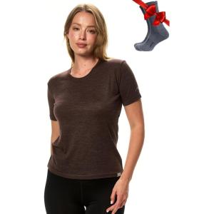 Merino.tech Merino Wool T Shirt Women – 100% Merino Wool Base Layer Women Short Sleeve Moisture-Wicking Tee and Hiking Socks(Chocolate Crewneck)