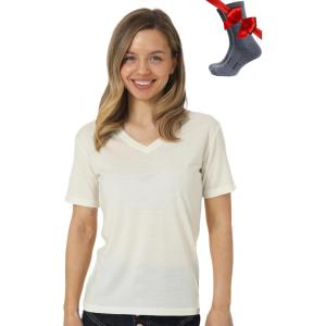 Merino.tech Merino Wool T Shirt Women – 100% Merino Wool Base Layer Women Short Sleeve Moisture-Wicking Tee and Hiking Socks(Creamy White V-neck)