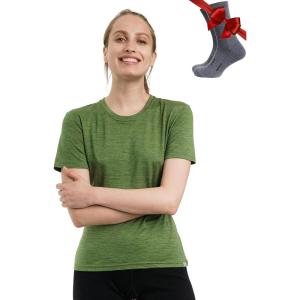 Merino.tech Merino Wool T Shirt Women – 100% Merino Wool Base Layer Women Short Sleeve Moisture-Wicking Tee and Hiking Socks(.Green Olive Crewneck)