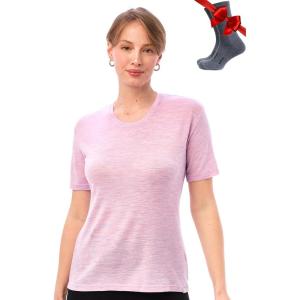 Merino.tech Merino Wool T Shirt Women – 100% Merino Wool Base Layer Women Short Sleeve Moisture-Wicking Tee and Hiking Socks(Lilac Heather Crewneck)