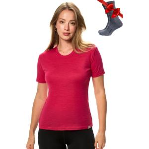 Merino.tech Merino Wool T Shirt Women – 100% Merino Wool Base Layer Women Short Sleeve Moisture-Wicking Tee and Hiking Socks(Magenta Crewneck)