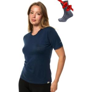 Merino.tech Merino Wool T Shirt Women – 100% Merino Wool Base Layer Women Short Sleeve Moisture-Wicking Tee and Hiking Socks(Navy Crewneck)