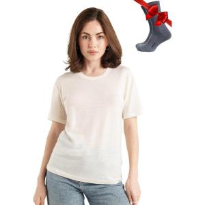 Merino.tech Merino Wool T Shirt Women – 100% Merino Wool Base Layer Women Short Sleeve Moisture-Wicking Tee and Hiking Socks(Off White Crewneck)
