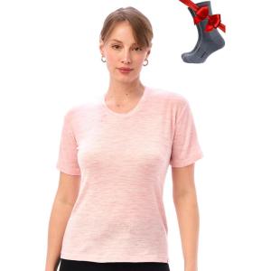 Merino.tech Merino Wool T Shirt Women – 100% Merino Wool Base Layer Women Short Sleeve Moisture-Wicking Tee and Hiking Socks(Pink Heather Crewneck)