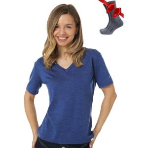 Merino.tech Merino Wool T Shirt Women – 100% Merino Wool Base Layer Women Short Sleeve Moisture-Wicking Tee and Hiking Socks(Windsor Blue V-neck)