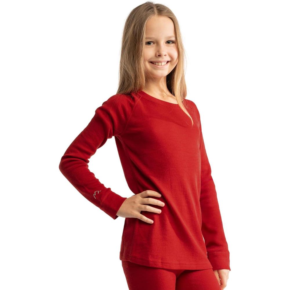 imageMerino Wool Base Layer Kids Midweight Long Sleeve Merino Wool Top Kids Unisex Kid Thermal UnderwearCherry Red