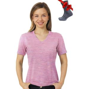Merino.tech Merino Wool T Shirt Women – 100% Merino Wool Base Layer Women Short Sleeve Moisture-Wicking Tee and Hiking Socks(Lilac Heather V-neck)
