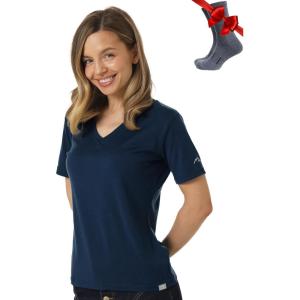 Merino.tech Merino Wool T Shirt Women – 100% Merino Wool Base Layer Women Short Sleeve Moisture-Wicking Tee and Hiking Socks(Navy V-neck)