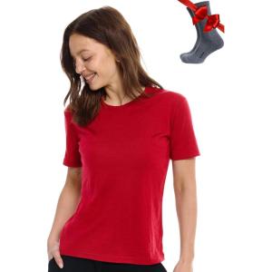 Merino.tech Merino Wool T Shirt Women – 100% Merino Wool Base Layer Women Short Sleeve Moisture-Wicking Tee and Hiking Socks(Cherry Red Crewneck)