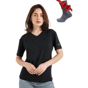Merino.tech Merino Wool T Shirt Women – 100% Merino Wool Base Layer Women Short Sleeve Moisture-Wicking Tee and Hiking Socks(Heathered Black V-neck)