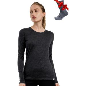 Merino.tech Merino Wool Base Layer Women – 100% Merino Wool Heavyweight, Midweight, Lite Long Sleeve Thermal Shirt and Socks(165 Melange Black)