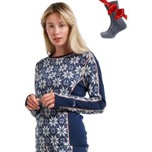 Merino.tech Merino Wool Base Layer Women – 100% Merino Wool Heavyweight, Midweight, Lite Long Sleeve Thermal Shirt and Socks(250 Snowflake Navy)