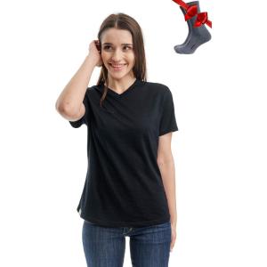 Merino.tech Merino Wool T Shirt Women – 100% Merino Wool Base Layer Women Short Sleeve Moisture-Wicking Tee and Hiking Socks(Black Oil V-neck)