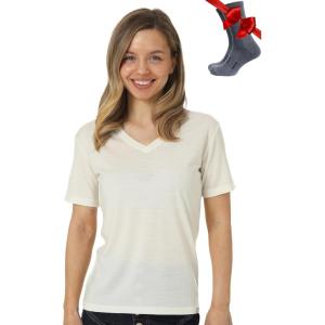 Merino.tech Merino Wool T Shirt Women – 100% Merino Wool Base Layer Women Short Sleeve Moisture-Wicking Tee and Hiking Socks(Creamy V-neck)