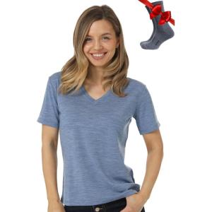 Merino.tech Merino Wool T Shirt Women – 100% Merino Wool Base Layer Women Short Sleeve Moisture-Wicking Tee and Hiking Socks(Dark Blue V-neck)