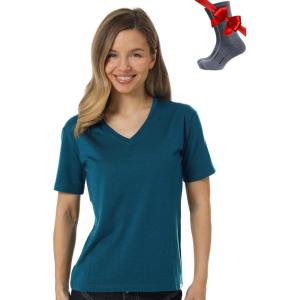 Merino.tech Merino Wool T Shirt Women – 100% Merino Wool Base Layer Women Short Sleeve Moisture-Wicking Tee and Hiking Socks(_Deep Teal V-neck)