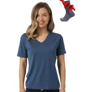 Merino.tech Merino Wool T Shirt Women – 100% Merino Wool Base Layer Women Short Sleeve Moisture-Wicking Tee and Hiking Socks(_Denim Blue V-neck)