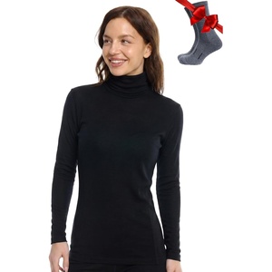 Merino Wool Base Layer Women Turtleneck – Merino Wool Sweater Women – High Neck, Low Neck Long Sleeve Pullover Thermal Shirt(260 Black High Neck)