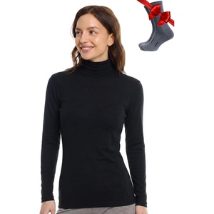 Merino Wool Base Layer Women Turtleneck – Merino Wool Sweater Women – High Neck, Low Neck Long Sleeve Pullover Thermal Shirt(260 Black Low Neck)