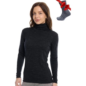 Merino Wool Base Layer Women Turtleneck – Merino Wool Sweater Women – High Neck, Low Neck Long Sleeve Pullover Thermal Shirt(260 Charcoal High Neck)
