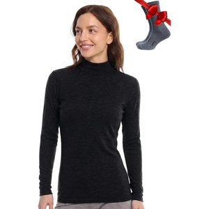 Merino Wool Base Layer Women Turtleneck – Merino Wool Sweater Women – High Neck, Low Neck Long Sleeve Pullover Thermal Shirt(260 Charcoal Low Neck)