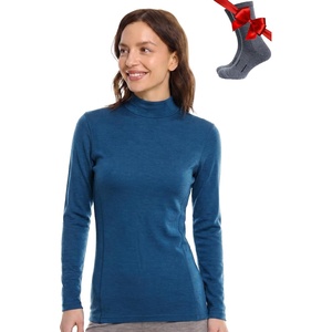 Merino Wool Base Layer Women Turtleneck – Merino Wool Sweater Women – High Neck, Low Neck Long Sleeve Pullover Thermal Shirt(260 Denim Low Neck)
