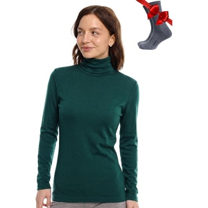 Merino Wool Base Layer Women Turtleneck – Merino Wool Sweater Women – High Neck, Low Neck Long Sleeve Pullover Thermal Shirt(260 Forest Green High Neck)