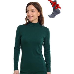 Merino Wool Base Layer Women Turtleneck – Merino Wool Sweater Women – High Neck, Low Neck Long Sleeve Pullover Thermal Shirt(260 Forest Green Low Neck)