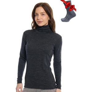 Merino Wool Base Layer Women Turtleneck – Merino Wool Sweater Women – High Neck, Low Neck Long Sleeve Pullover Thermal Shirt(260 Heathered Black High Neck)