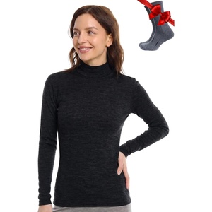 Merino Wool Base Layer Women Turtleneck – Merino Wool Sweater Women – High Neck, Low Neck Long Sleeve Pullover Thermal Shirt(260 Heathered Black Low Neck)