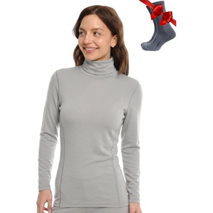 Merino Wool Base Layer Women Turtleneck – Merino Wool Sweater Women – High Neck, Low Neck Long Sleeve Pullover Thermal Shirt(260 Light Grey High Neck)