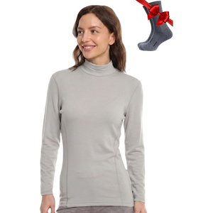 Merino Wool Base Layer Women Turtleneck – Merino Wool Sweater Women – High Neck, Low Neck Long Sleeve Pullover Thermal Shirt(260 Light Grey Low Neck)