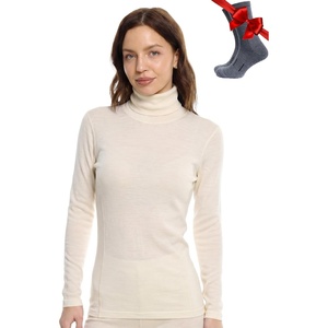 Merino Wool Base Layer Women Turtleneck – Merino Wool Sweater Women – High Neck, Low Neck Long Sleeve Pullover Thermal Shirt(260 Natural White High Neck)