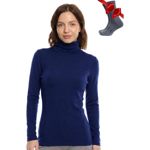 Merino Wool Base Layer Women Turtleneck – Merino Wool Sweater Women – High Neck, Low Neck Long Sleeve Pullover Thermal Shirt(260 Navy High Neck)