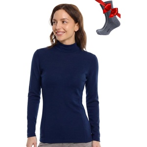 Merino Wool Base Layer Women Turtleneck – Merino Wool Sweater Women – High Neck, Low Neck Long Sleeve Pullover Thermal Shirt(260 Navy Low Neck)