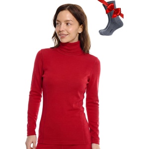 Merino Wool Base Layer Women Turtleneck – Merino Wool Sweater Women – High Neck, Low Neck Long Sleeve Pullover Thermal Shirt(260 Red High Neck)
