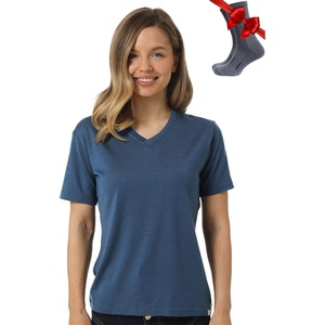 Merino.tech Merino Wool T Shirt Women – 100% Merino Wool Base Layer Women Short Sleeve Moisture-Wicking Tee and Hiking Socks (Medium, Denim Blue V-Neck)