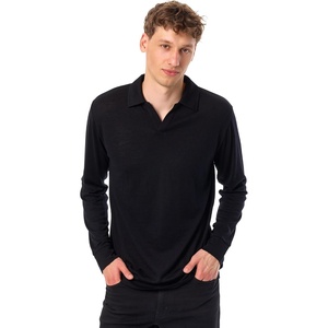 100% Merino Wool V Neck Polo Shirts for Men – Short & Long Sleeve Shirt | Lightweight, Breathable Merino Wool, Naturally Anti-Odor, Moisture-Wicking, Ideal for Work, Travel, Everyday Wear, Layering(Black Long)