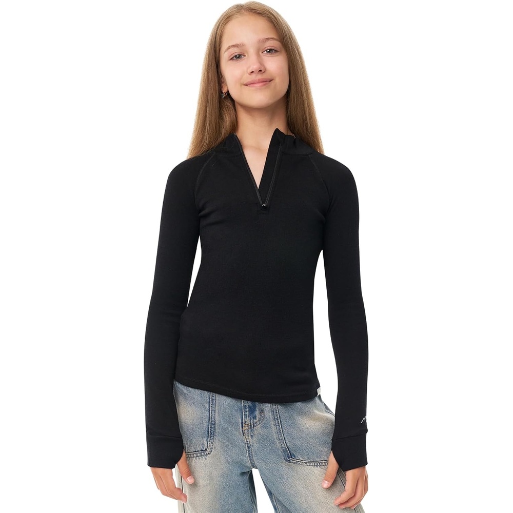 image:image100 Merino Wool Kids Quarter Zip Midweight Thermal Base Layer 14 Zip260 Black