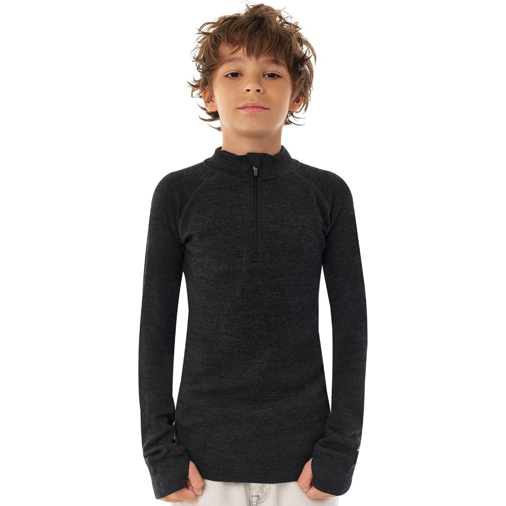 image:image100 Merino Wool Kids Quarter Zip Midweight Thermal Base Layer 14 Zip260 Charcoal Grey