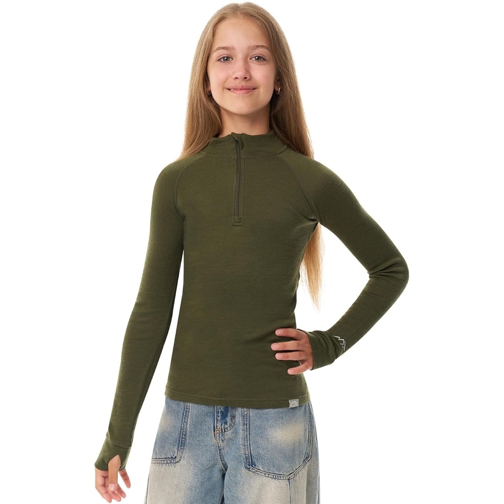 image:image100 Merino Wool Kids Quarter Zip Midweight Thermal Base Layer 14 Zip260 Dark Olive