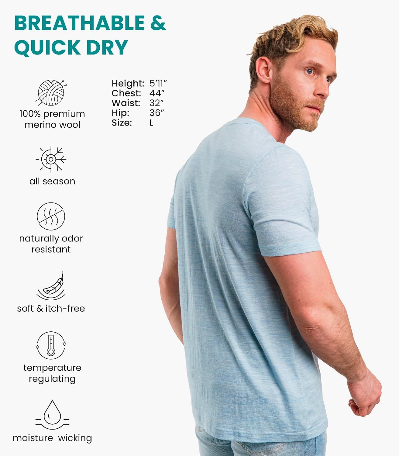 image:image100 Merino Wool TShirt Men Base Layer Top Undershirt with Hiking SocksArctic Blue