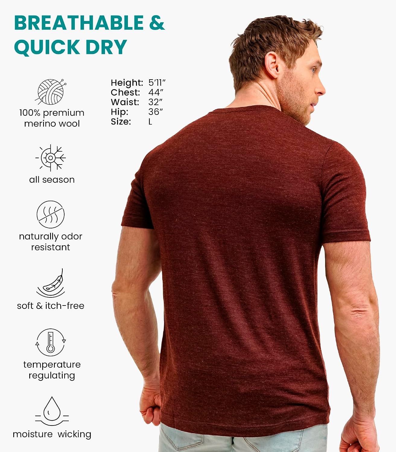 image:image100 Merino Wool TShirt Men Base Layer Top Undershirt with Hiking SocksBordo Wine