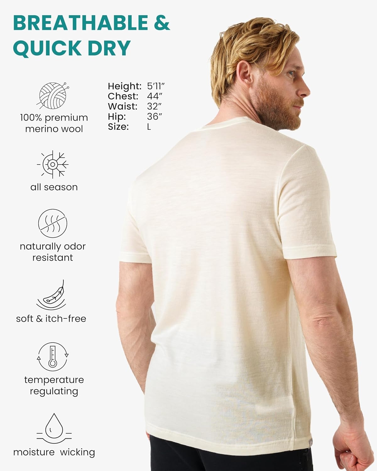 image:image100 Merino Wool TShirt Men Base Layer Top Undershirt with Hiking SocksCreamy White