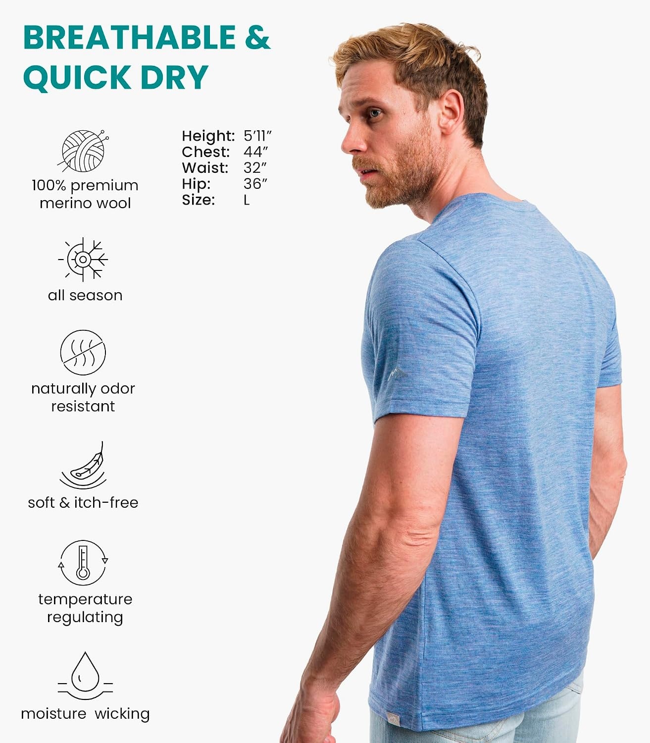image:image100 Merino Wool TShirt Men Base Layer Top Undershirt with Hiking SocksDeep Blue